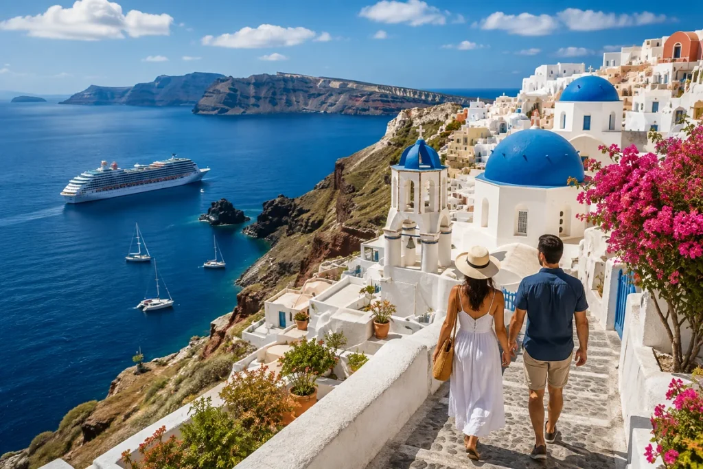 Travelers overlooking a dramatic coastal destination during an international journey