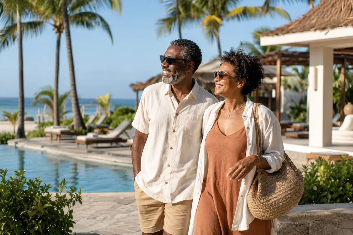Smiling mature couple standing by a resort pool with palm trees and ocean views, enjoying a relaxed beachfront escape at a tropical destination