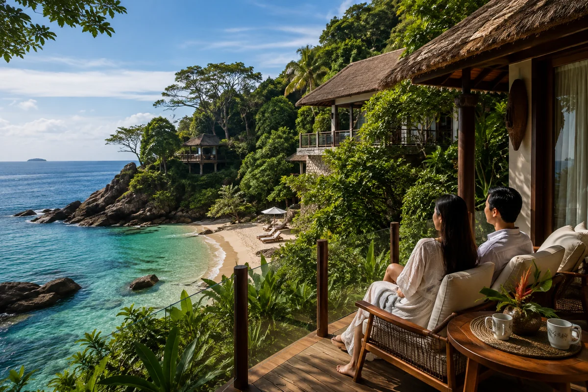 Couple relaxing at a secluded tropical island resort with ocean views and lush surroundings